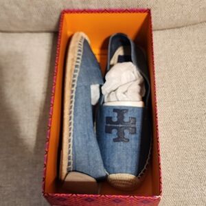 Tory Burch Weston Flat Espadrille, Denim/Royal Navy Chambray Calf Leather Size 8